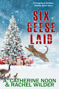 Cover image for Six Geese Laid showing a Christmas tree with a tiger leaping at it, with several geese in the foreground.