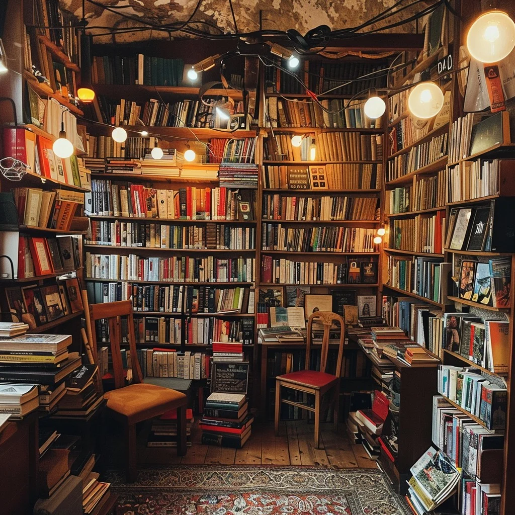 Image of crowded bookstore with two straight-backed chairs, every surface and shelf filled with books, and an intricate rug on part of the wooden floor.