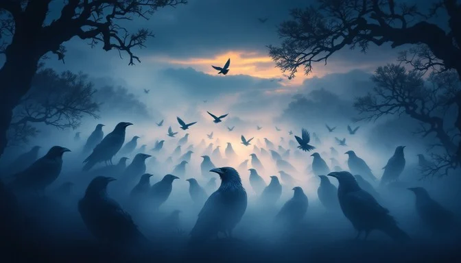 Misty image of many corvids with silhouettes of trees around the edges and dawn breaking in the background.