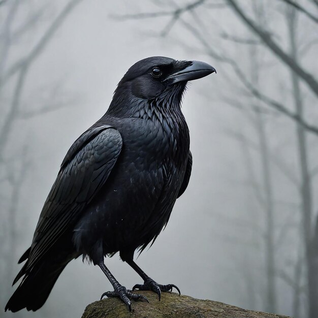 Image of a raven in foreground, full profile, with misty image of trees behind it.